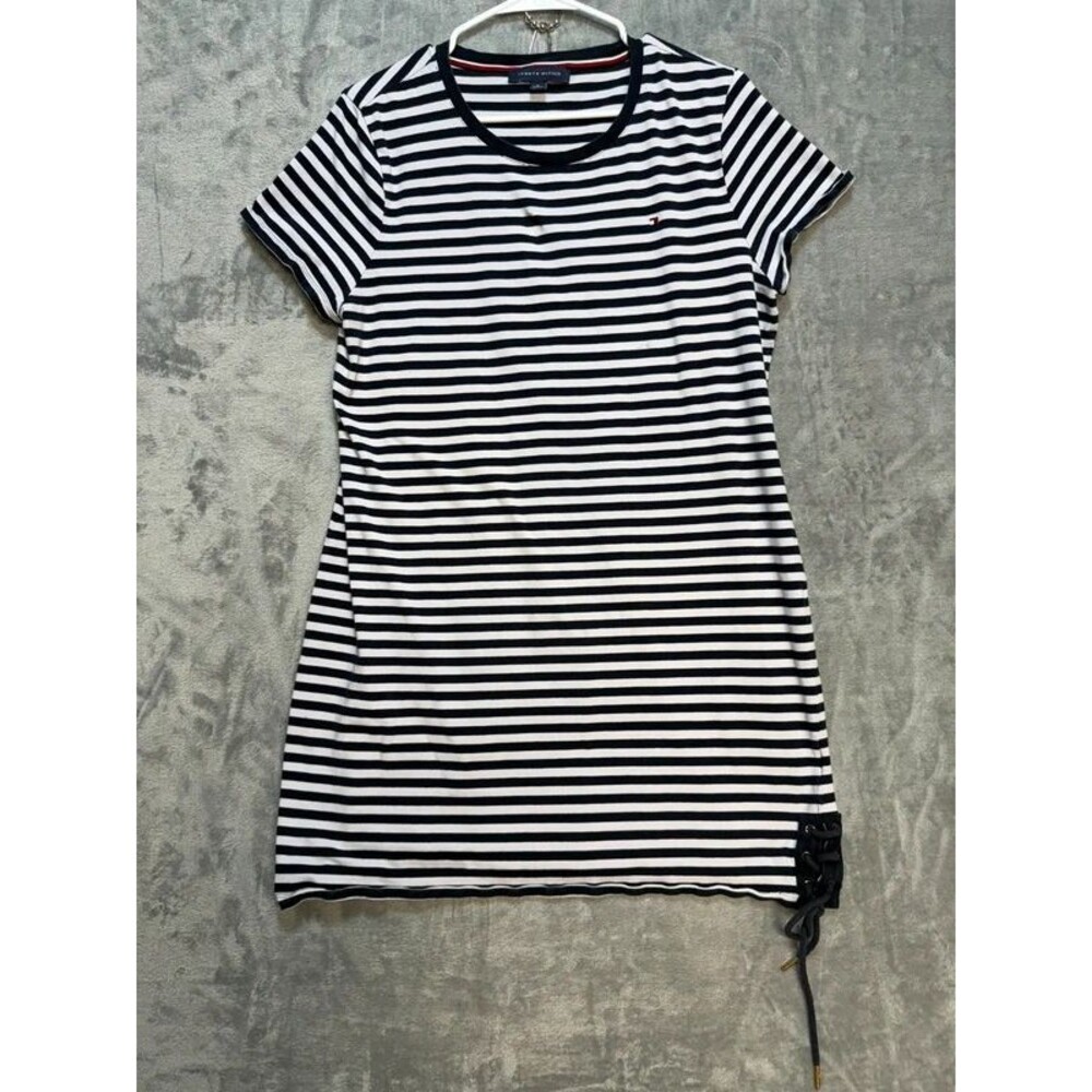 Tommy Hilfiger Womens T Shirt Dress XL Navy White Striped Lace Up Side